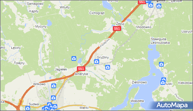 mapa Gryźliny gmina Stawiguda, Gryźliny gmina Stawiguda na mapie Targeo