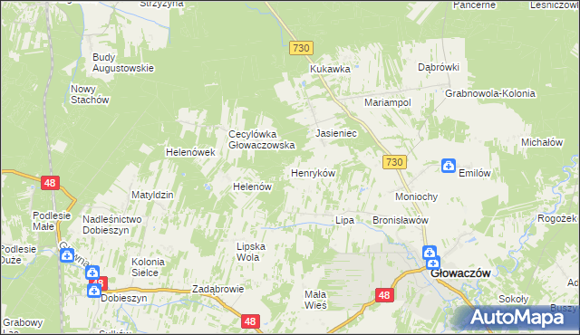 mapa Henryków gmina Głowaczów, Henryków gmina Głowaczów na mapie Targeo