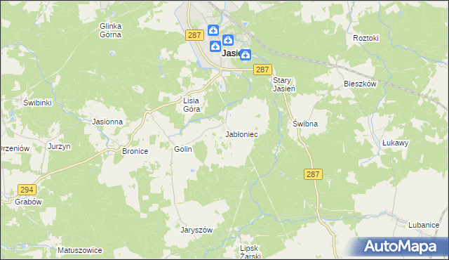 mapa Jabłoniec gmina Jasień, Jabłoniec gmina Jasień na mapie Targeo