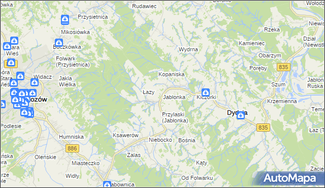 mapa Jabłonka gmina Dydnia, Jabłonka gmina Dydnia na mapie Targeo