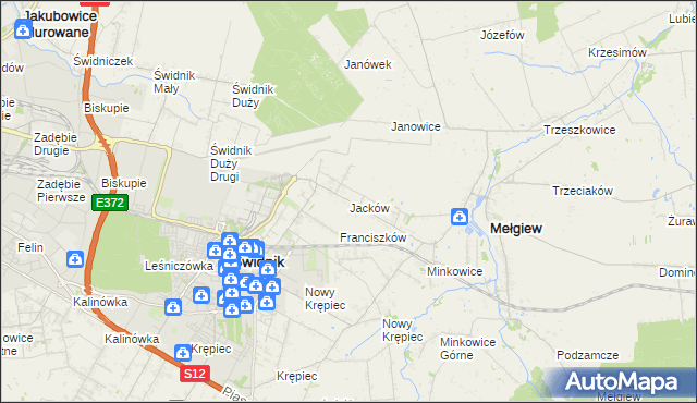 mapa Jacków gmina Mełgiew, Jacków gmina Mełgiew na mapie Targeo