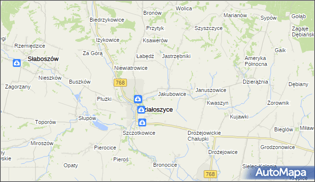 mapa Jakubowice gmina Działoszyce, Jakubowice gmina Działoszyce na mapie Targeo