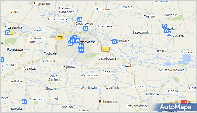 mapa Jakubowice gmina Proszowice, Jakubowice gmina Proszowice na mapie Targeo
