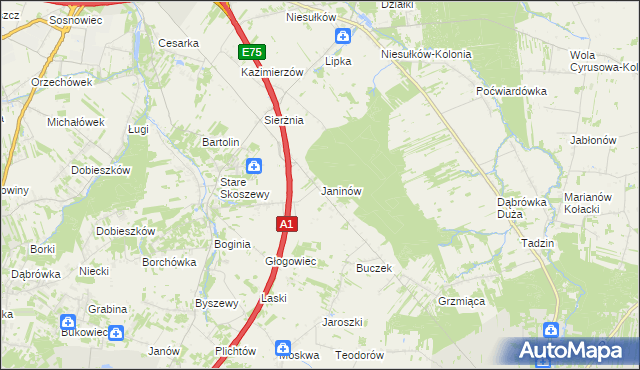 mapa Janinów gmina Brzeziny, Janinów gmina Brzeziny na mapie Targeo