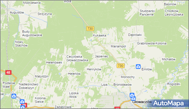 mapa Jasieniec gmina Głowaczów, Jasieniec gmina Głowaczów na mapie Targeo