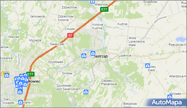 mapa Jastrząb powiat szydłowiecki, Jastrząb powiat szydłowiecki na mapie Targeo