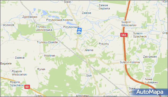 mapa Jelenie gmina Ostrów Mazowiecka, Jelenie gmina Ostrów Mazowiecka na mapie Targeo