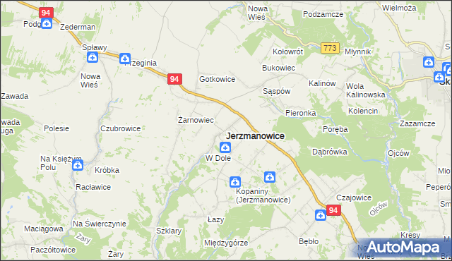 mapa Jerzmanowice gmina Jerzmanowice-Przeginia, Jerzmanowice gmina Jerzmanowice-Przeginia na mapie Targeo