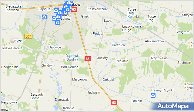 mapa Jeziory gmina Łuków, Jeziory gmina Łuków na mapie Targeo