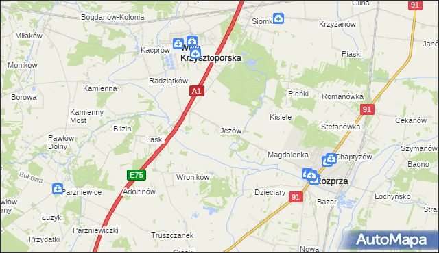 mapa Jeżów gmina Wola Krzysztoporska, Jeżów gmina Wola Krzysztoporska na mapie Targeo