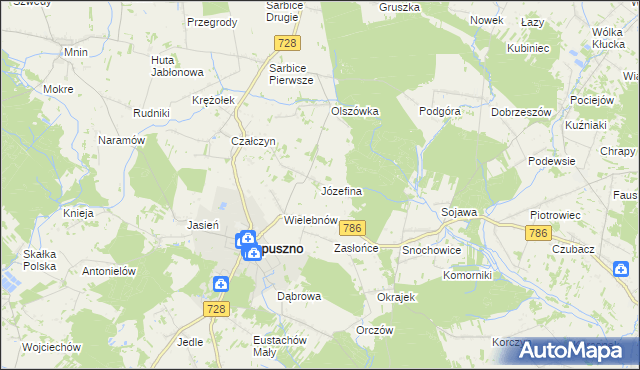 mapa Józefina gmina Łopuszno, Józefina gmina Łopuszno na mapie Targeo