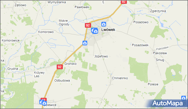 mapa Józefowo gmina Lwówek, Józefowo gmina Lwówek na mapie Targeo