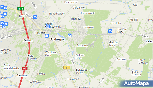 mapa Justynów gmina Andrespol, Justynów gmina Andrespol na mapie Targeo