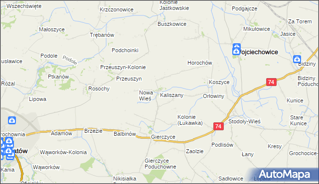 mapa Kaliszany gmina Wojciechowice, Kaliszany gmina Wojciechowice na mapie Targeo