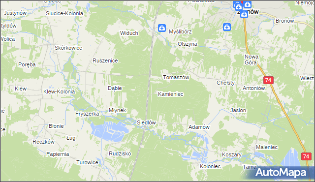 mapa Kamieniec gmina Żarnów, Kamieniec gmina Żarnów na mapie Targeo