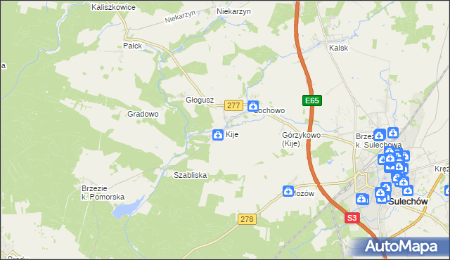 mapa Kije gmina Sulechów, Kije gmina Sulechów na mapie Targeo