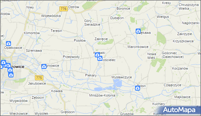 mapa Kościelec gmina Proszowice, Kościelec gmina Proszowice na mapie Targeo