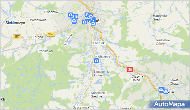 mapa Kościelnik gmina Lubań, Kościelnik gmina Lubań na mapie Targeo