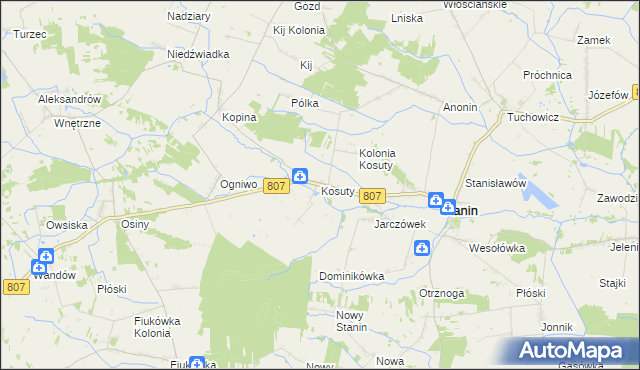 mapa Kosuty gmina Stanin, Kosuty gmina Stanin na mapie Targeo