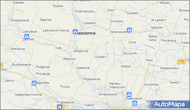 mapa Kowary gmina Radziemice, Kowary gmina Radziemice na mapie Targeo