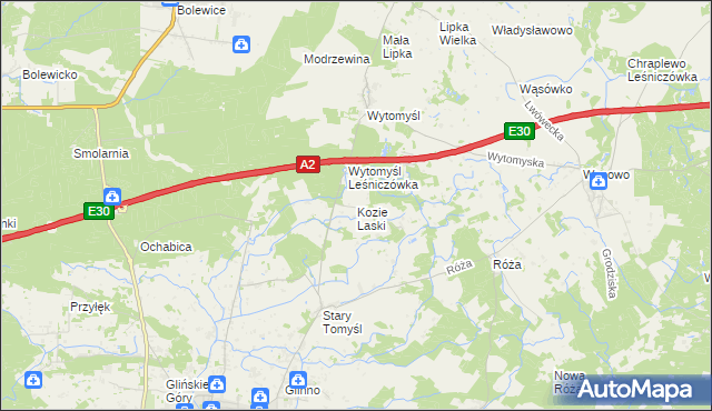 mapa Kozie Laski gmina Nowy Tomyśl, Kozie Laski gmina Nowy Tomyśl na mapie Targeo