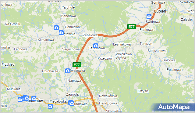 mapa Krzeczów gmina Lubień, Krzeczów gmina Lubień na mapie Targeo