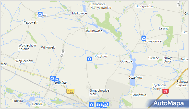 mapa Krzyków gmina Wilków, Krzyków gmina Wilków na mapie Targeo