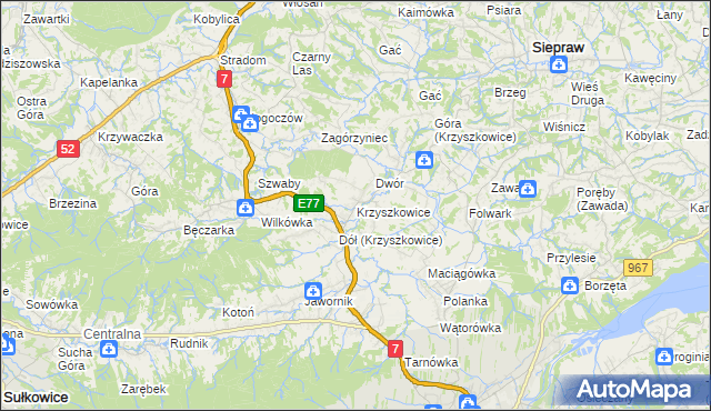 mapa Krzyszkowice gmina Myślenice, Krzyszkowice gmina Myślenice na mapie Targeo