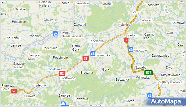 mapa Krzywaczka, Krzywaczka na mapie Targeo