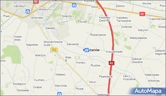 mapa Krzyżanów powiat kutnowski, Krzyżanów powiat kutnowski na mapie Targeo