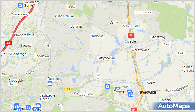 mapa Krzyżowice gmina Pawłowice, Krzyżowice gmina Pawłowice na mapie Targeo