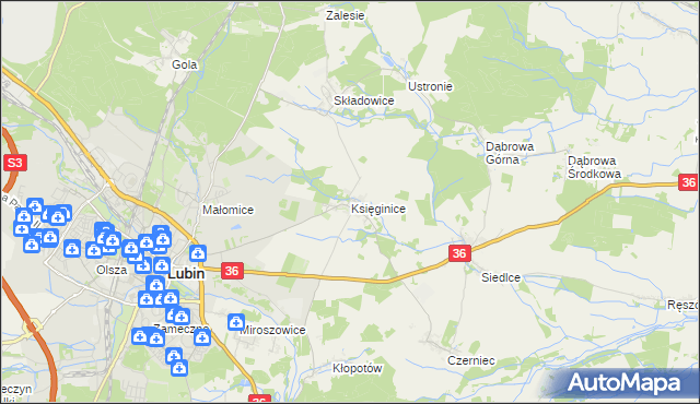 mapa Księginice gmina Lubin, Księginice gmina Lubin na mapie Targeo