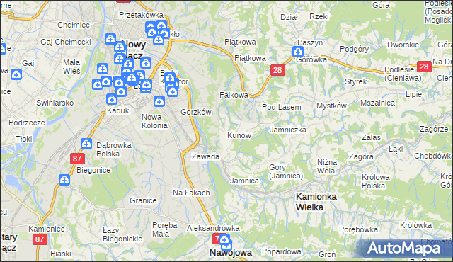 mapa Kunów gmina Chełmiec, Kunów gmina Chełmiec na mapie Targeo