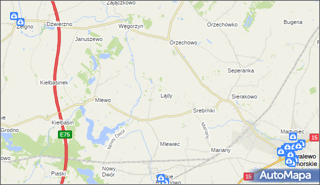 mapa Lądy gmina Kowalewo Pomorskie, Lądy gmina Kowalewo Pomorskie na mapie Targeo