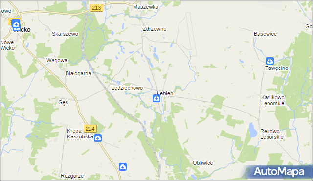 mapa Łebień gmina Nowa Wieś Lęborska, Łebień gmina Nowa Wieś Lęborska na mapie Targeo