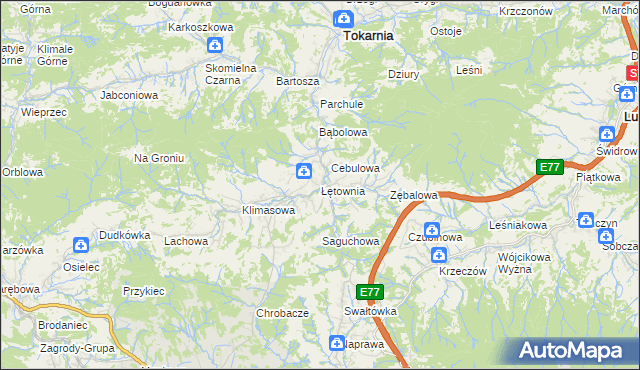 mapa Łętownia gmina Jordanów, Łętownia gmina Jordanów na mapie Targeo