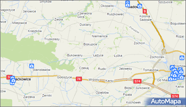 mapa Łężyce gmina Sadowie, Łężyce gmina Sadowie na mapie Targeo