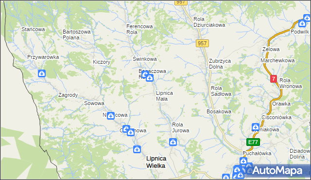 mapa Lipnica Mała, Lipnica Mała na mapie Targeo