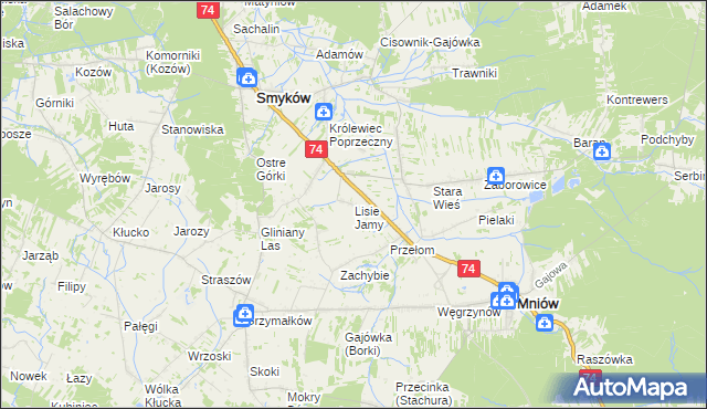 mapa Lisie Jamy gmina Mniów, Lisie Jamy gmina Mniów na mapie Targeo