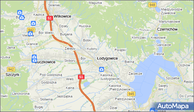 mapa Łodygowice powiat żywiecki, Łodygowice powiat żywiecki na mapie Targeo