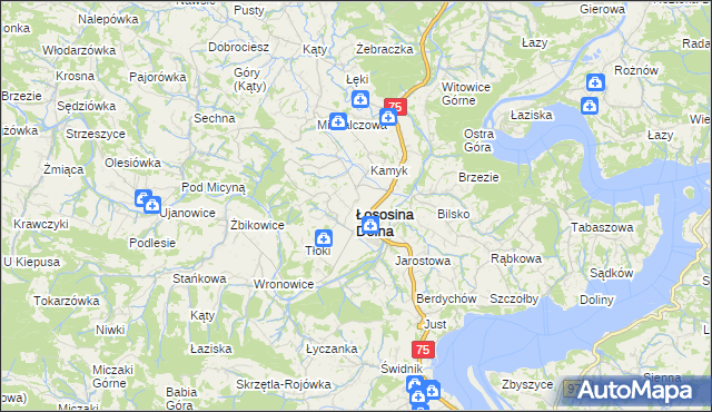 mapa Łososina Dolna, Łososina Dolna na mapie Targeo
