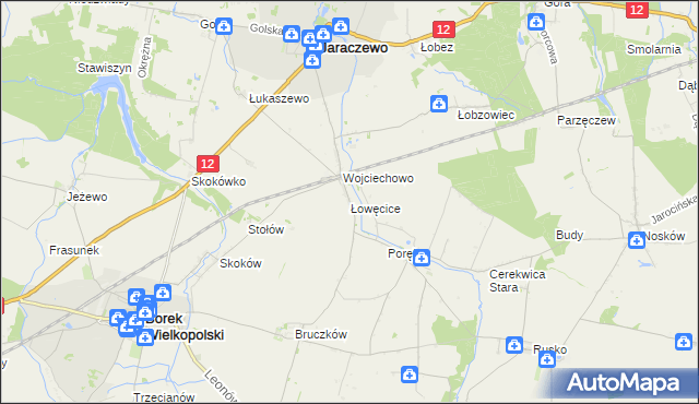 mapa Łowęcice gmina Jaraczewo, Łowęcice gmina Jaraczewo na mapie Targeo