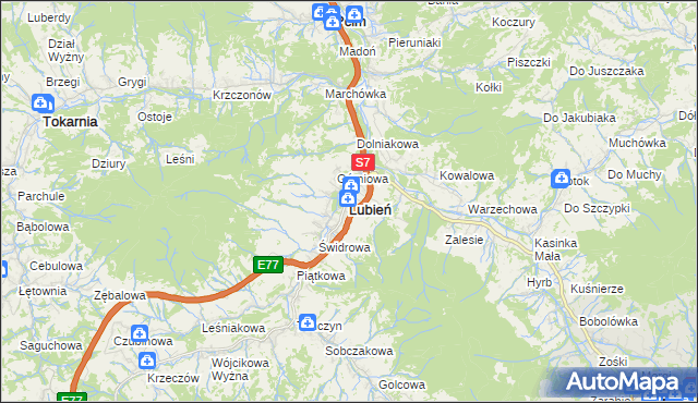 mapa Lubień powiat myślenicki, Lubień powiat myślenicki na mapie Targeo