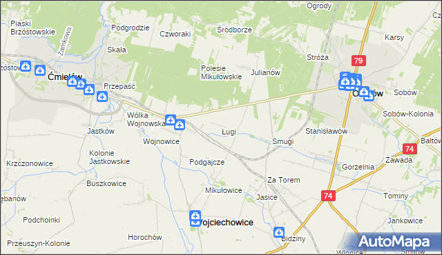 mapa Ługi gmina Wojciechowice, Ługi gmina Wojciechowice na mapie Targeo