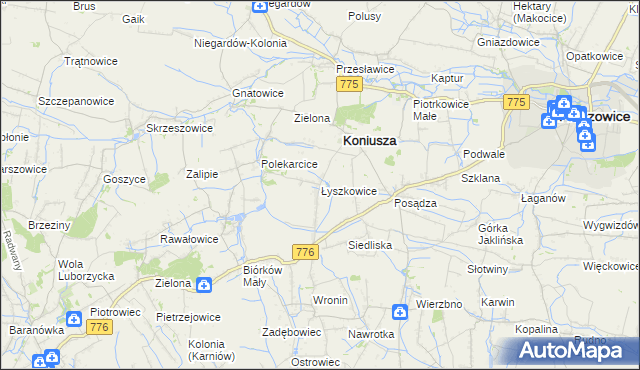 mapa Łyszkowice gmina Koniusza, Łyszkowice gmina Koniusza na mapie Targeo