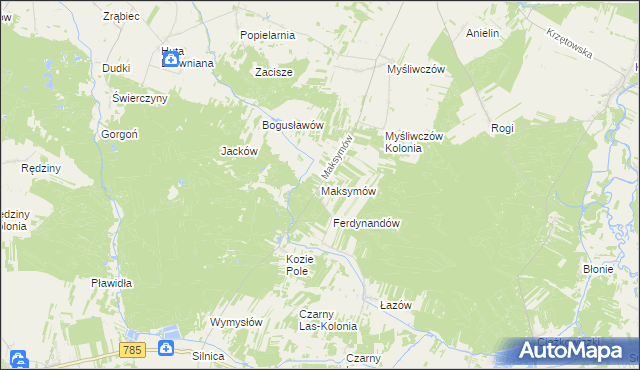 mapa Maksymów gmina Wielgomłyny, Maksymów gmina Wielgomłyny na mapie Targeo