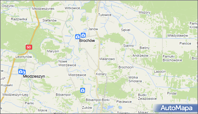 mapa Malanowo gmina Brochów, Malanowo gmina Brochów na mapie Targeo