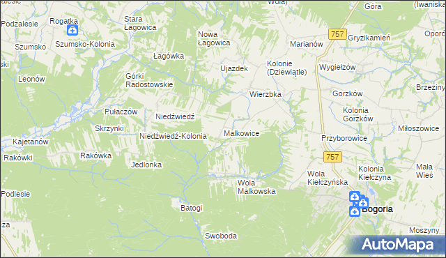 mapa Malkowice gmina Bogoria, Malkowice gmina Bogoria na mapie Targeo