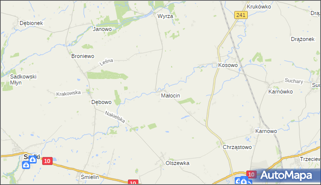 mapa Małocin gmina Nakło nad Notecią, Małocin gmina Nakło nad Notecią na mapie Targeo