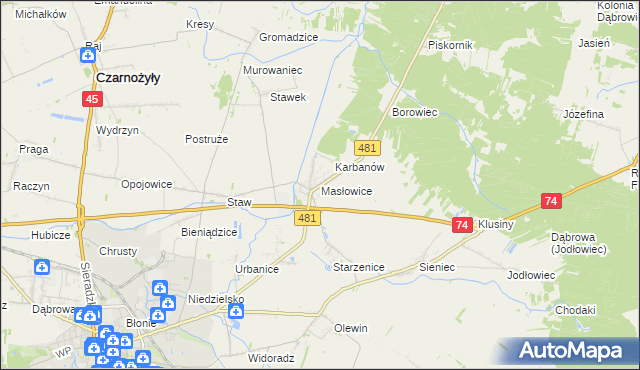 mapa Masłowice gmina Wieluń, Masłowice gmina Wieluń na mapie Targeo